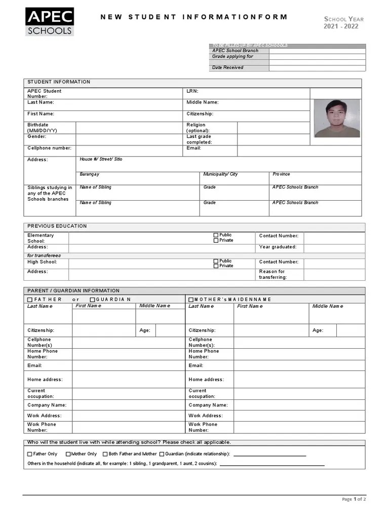 AD01.F1 New Student Information Form PDF Justice Crime & Violence