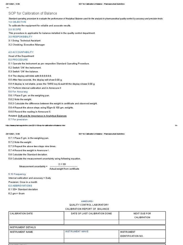 SOP For Calibration of Balance Pharmaceutical Guidelines PDF