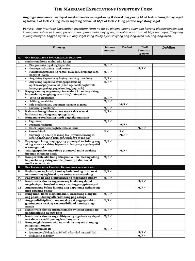 NEW Tagalog The Marriage Expectations Inventory Form PDF