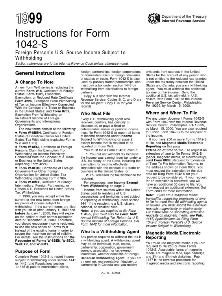 Instructions For Form 1042S Foreign Person's U.S. Source(09)