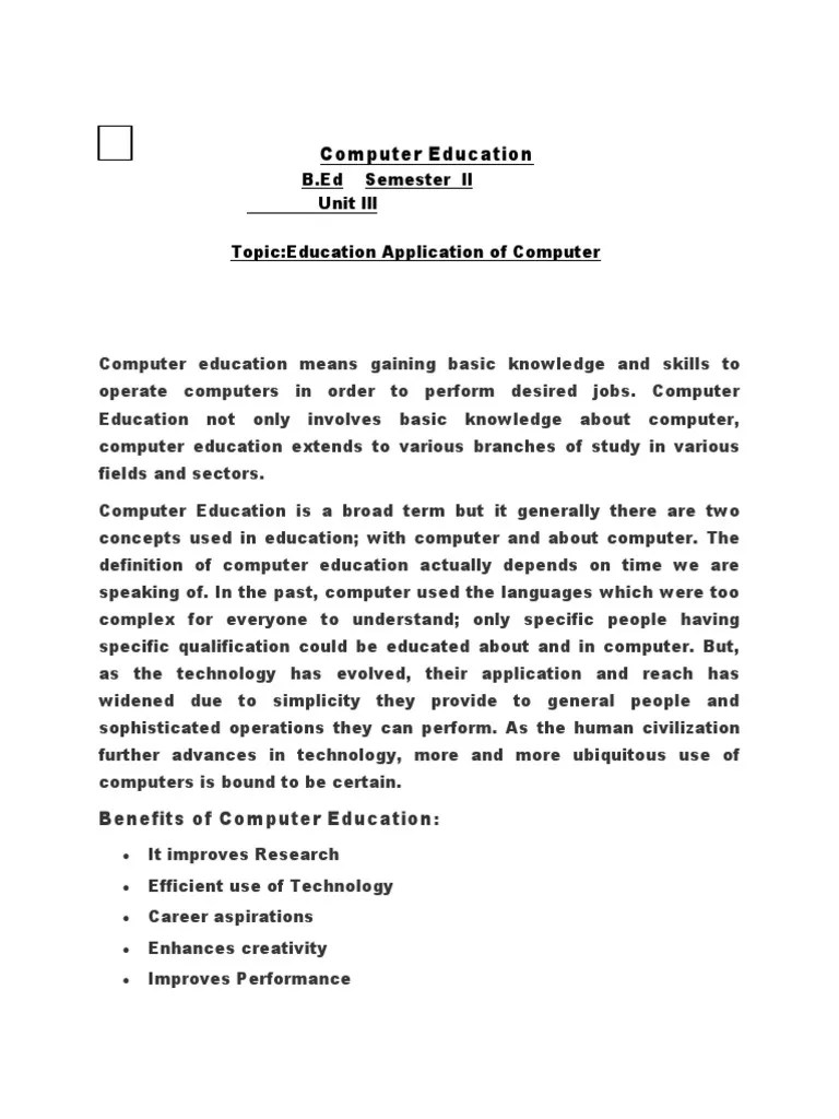 Computer Education B.Ed Semester LL Unit LLL TopicEducation