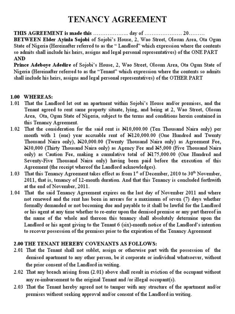 Tenancy Agreement Leasehold Estate Landlord