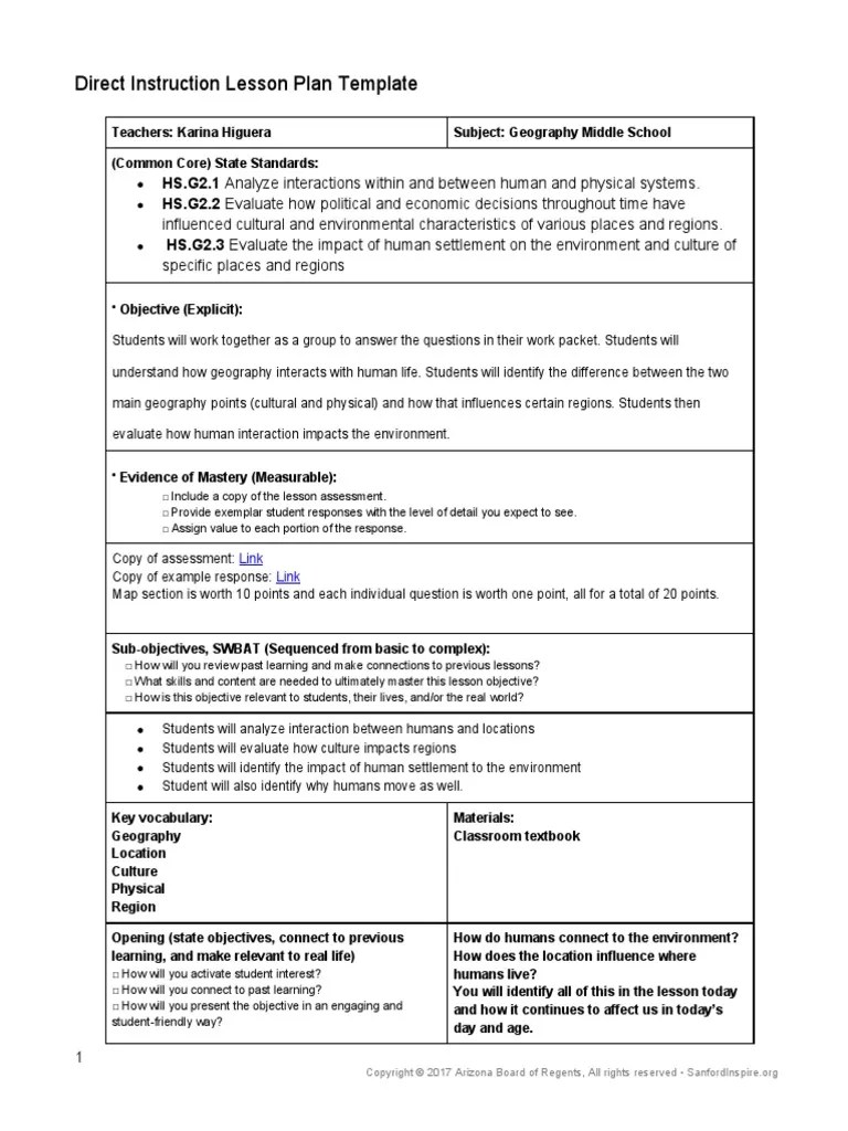 Direct Instruction Lesson Plan Template PDF Teachers Lesson Plan