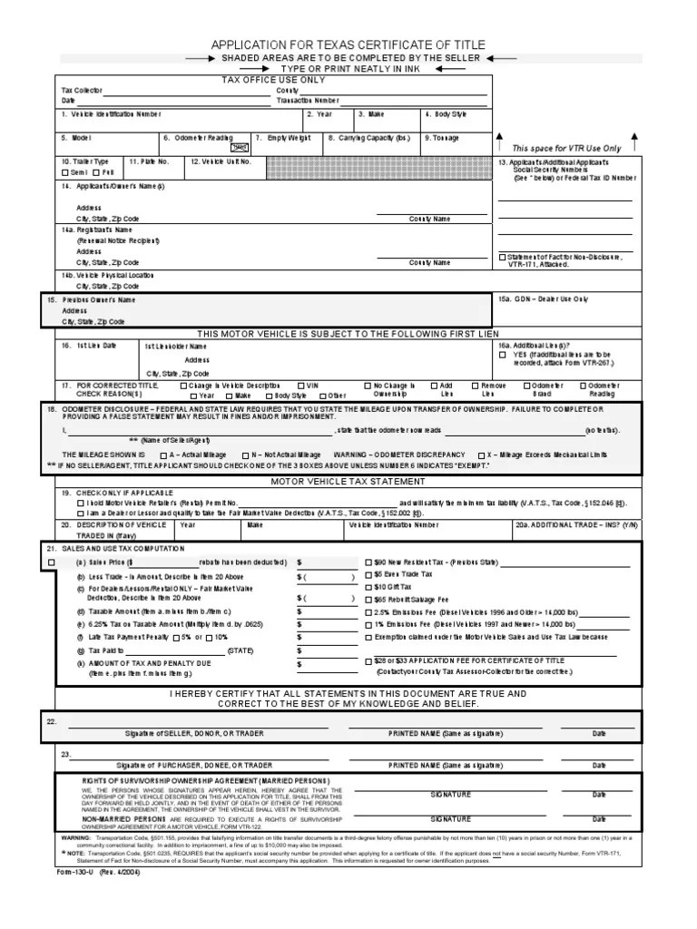 Application for Texas Cerificate of Title Use Tax Taxation In The