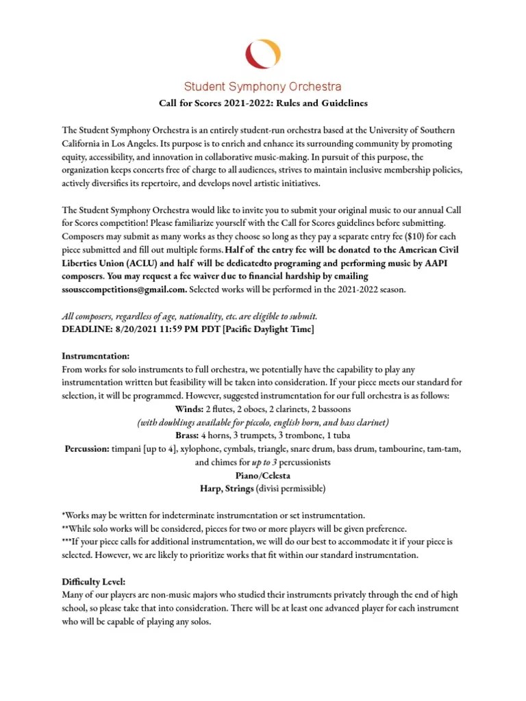Student Symphony Orchestra Call For Scores 20212022 Rules and Guidelines PDF Orchestras