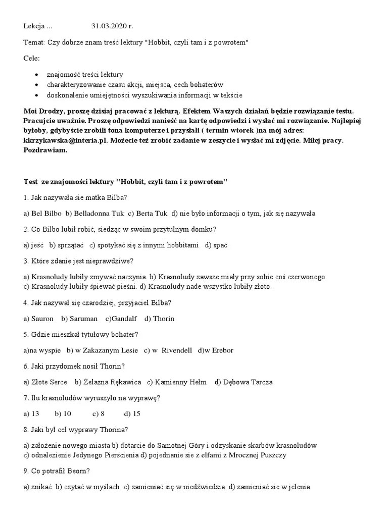 Test Ze Znajomości Lektury Hobbit PDF