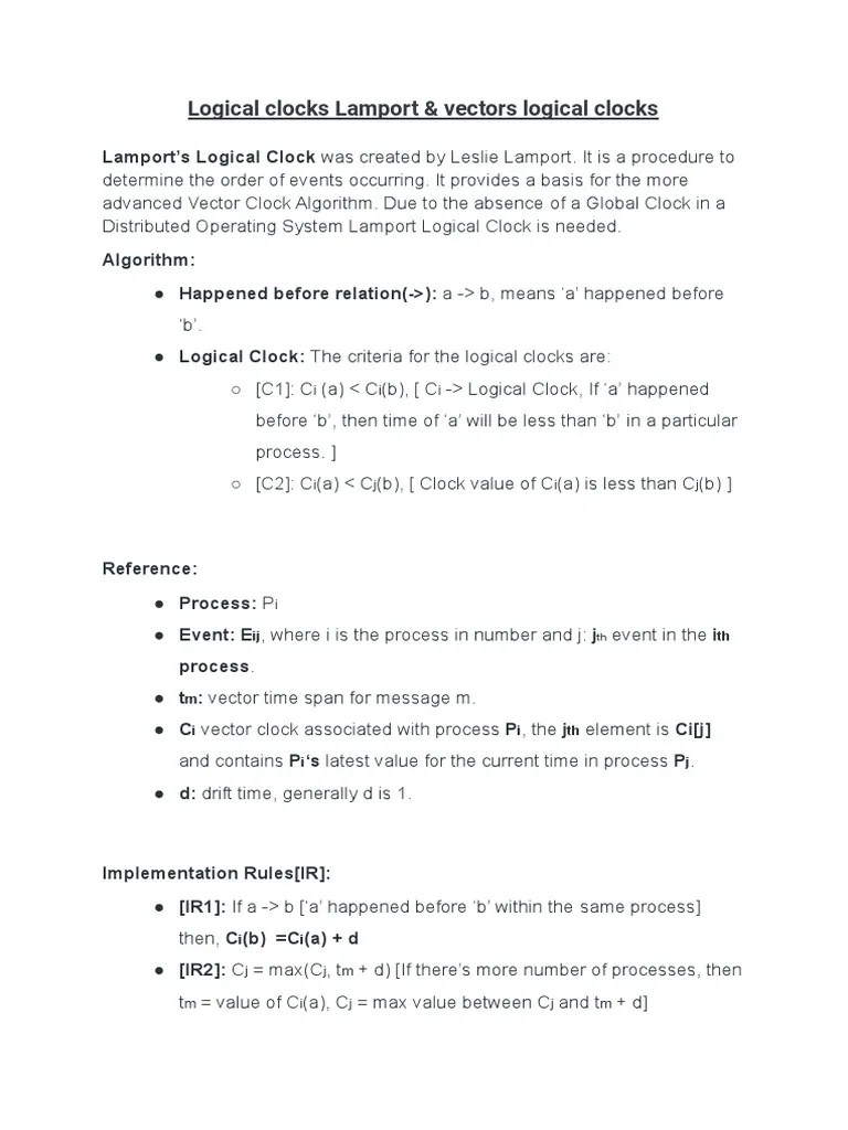 Logical Clocks Lamport Vectors Logical Clocks PDF Array Data