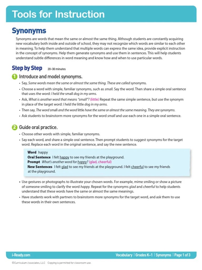 K1 Teacher Led Synonyms PDF Vocabulary Behavior Modification