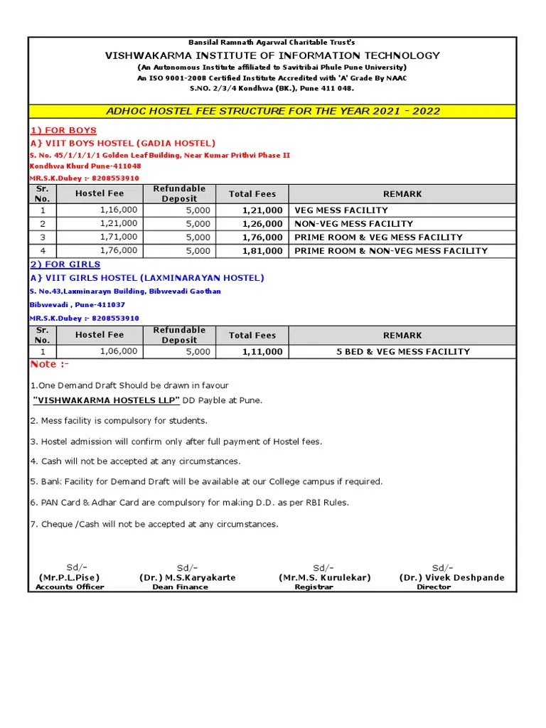 Hostel Fee Structure 2021 22 PDF Services (Economics) Money