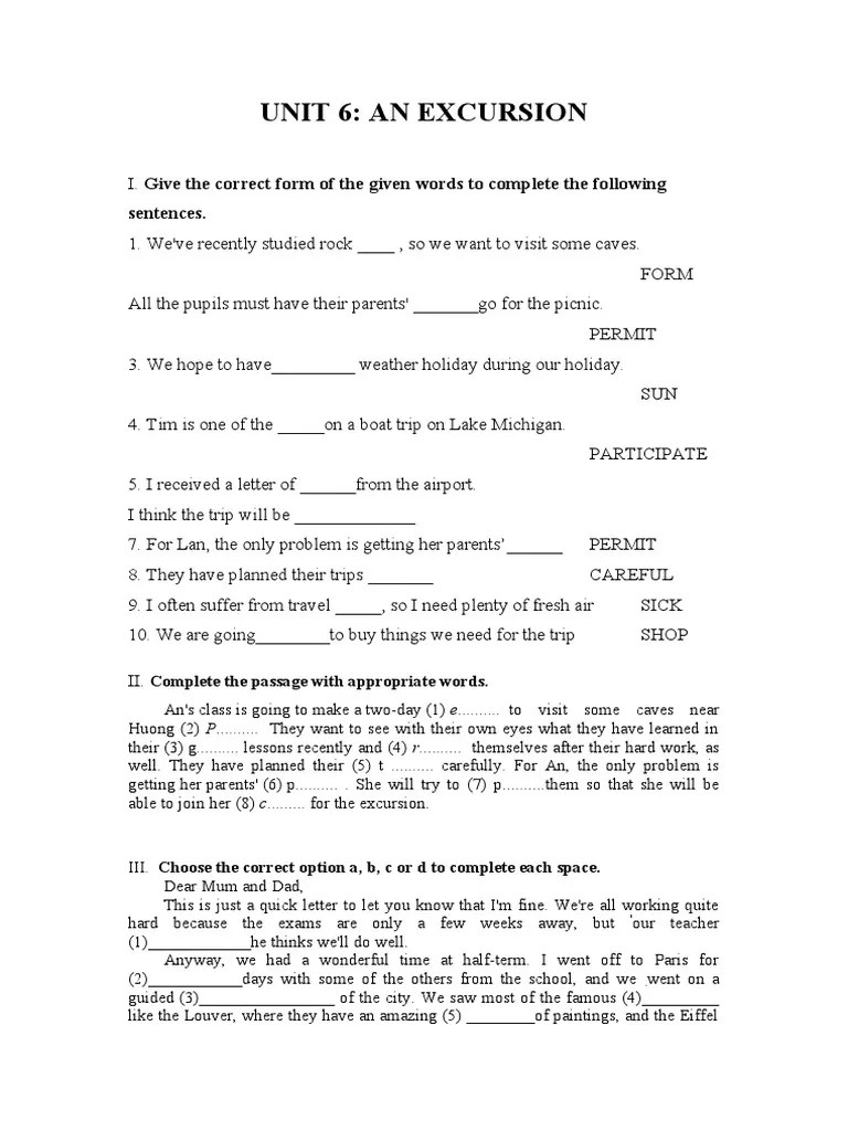 Unit 6 An Excursion Sentences PDF