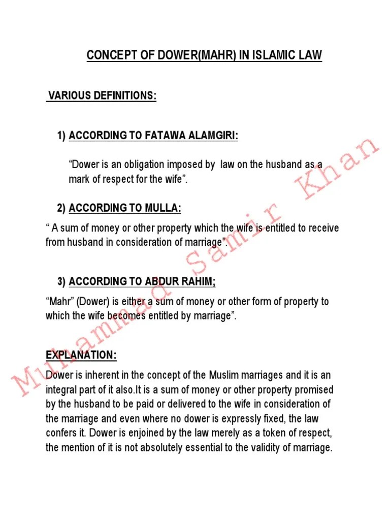 Concept of Dower (Mahr) in Islamic Law Various Definitions 1
