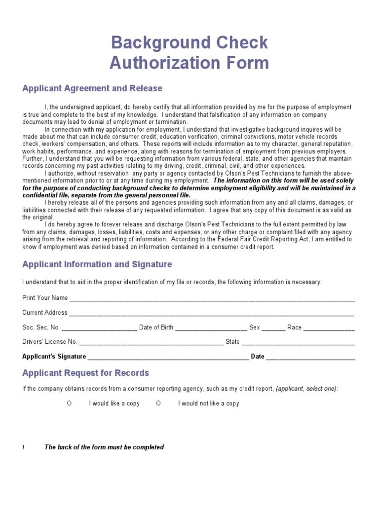 Background Check Authorization Form Download Free PDF Background