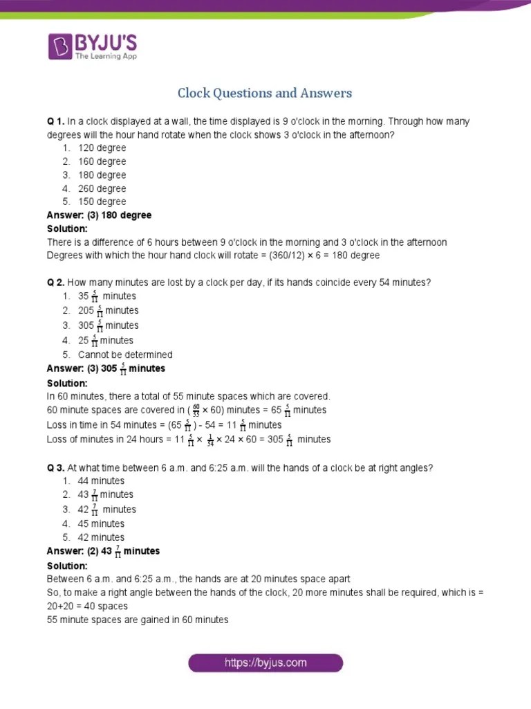 Clock Questions and Answers PDF Hour Clock