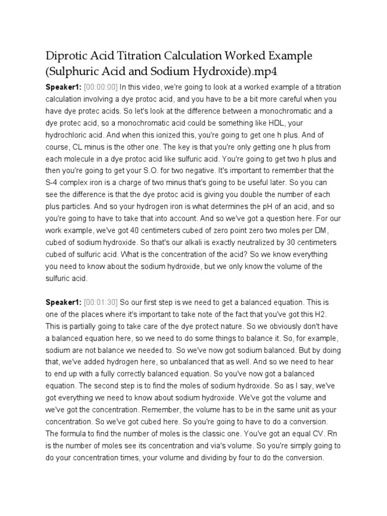Diprotic Acid Titration Calculation Worked Example Sulphuric Acid and