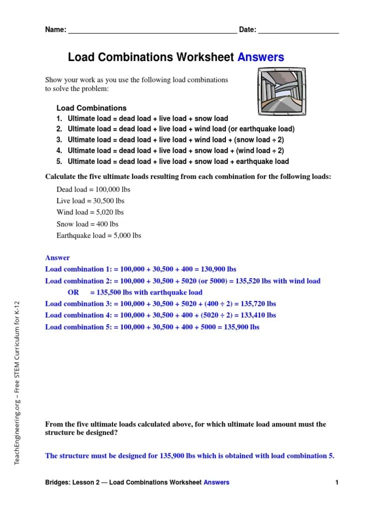 Load Combinations Worksheet Answers PDF Beam (Structure) Area