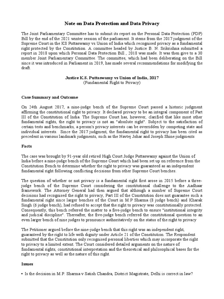 Note On Data Protection and Data Privacy PDF Information Privacy