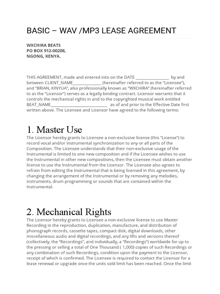 Master Use Basic Wav /Mp3 Lease Agreement PDF License Sound Recording And Reproduction
