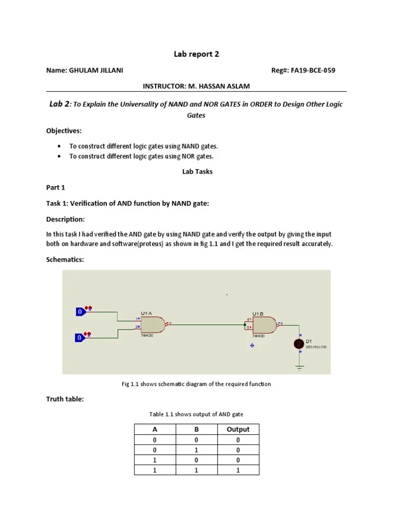 Lab Report 2 To Explain The Universality of NAND and NOR GATES in ORDER To Design Other Logic