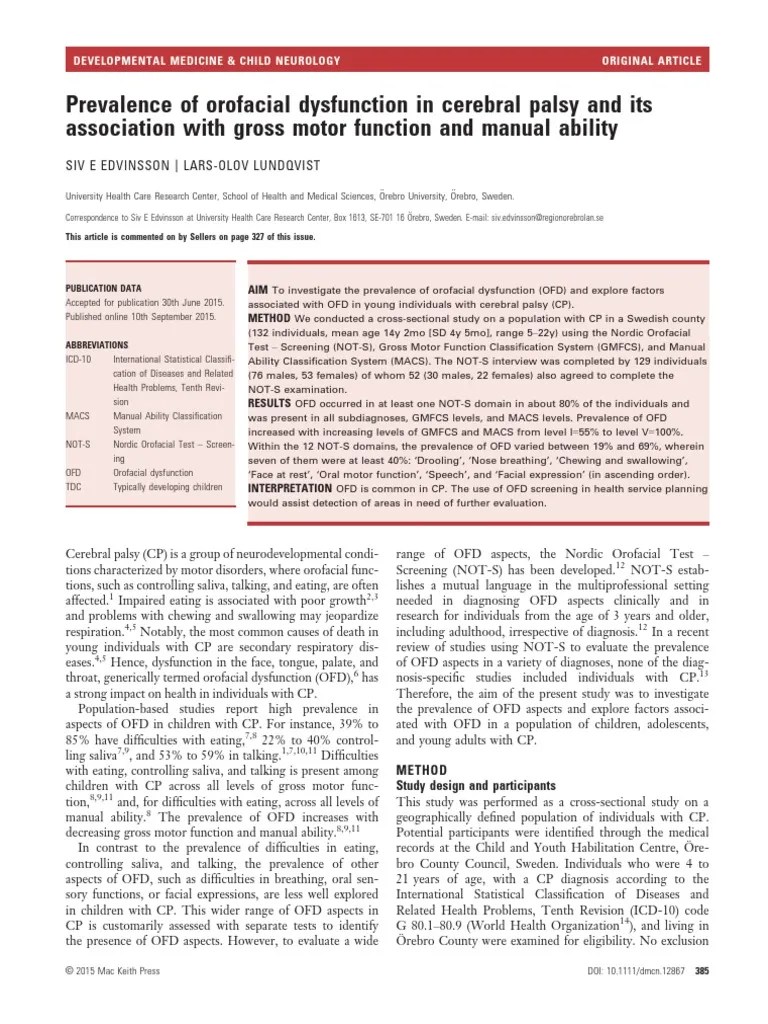 Prevalence of Orofacial Dysfunction in Cerebral Palsy and Its Association With Gross Motor