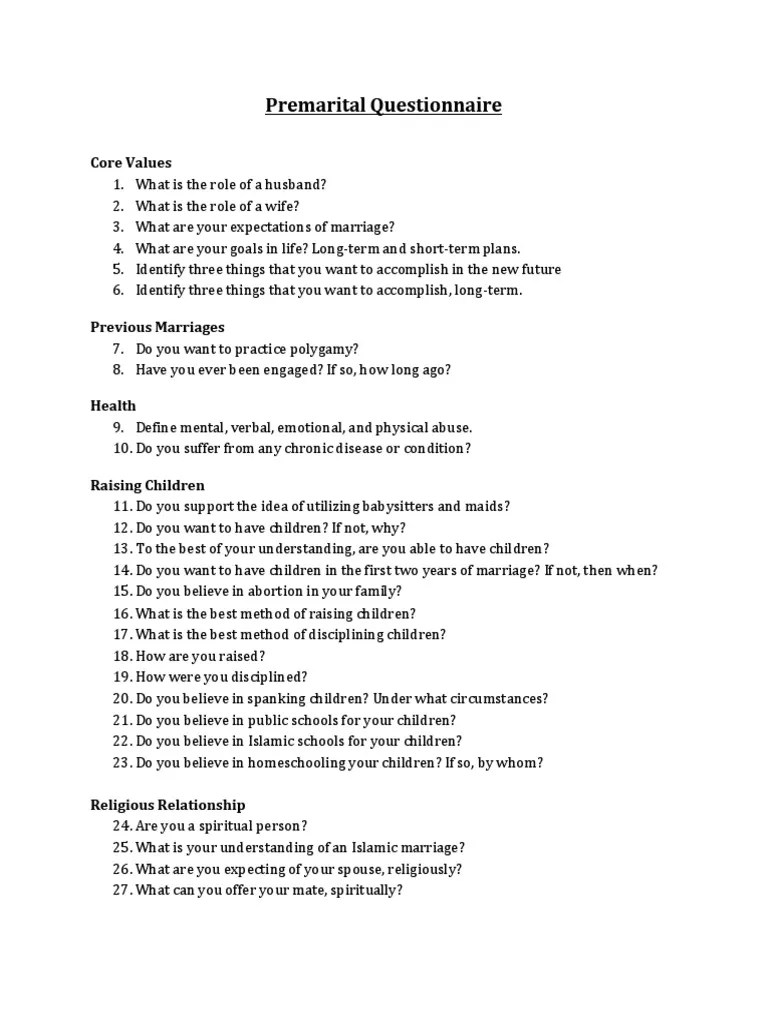 PreMarital Questionnaire PDF Feeling Marriage