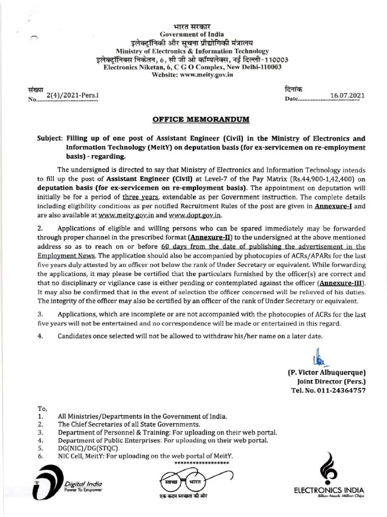 Detailed Advertisement For The Post of AE (Civil) in MeitY On