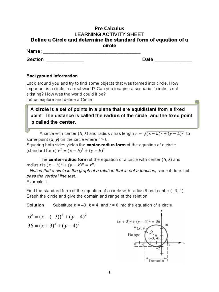 Pre Calculus Define A Circle and Determine The Standard Form of