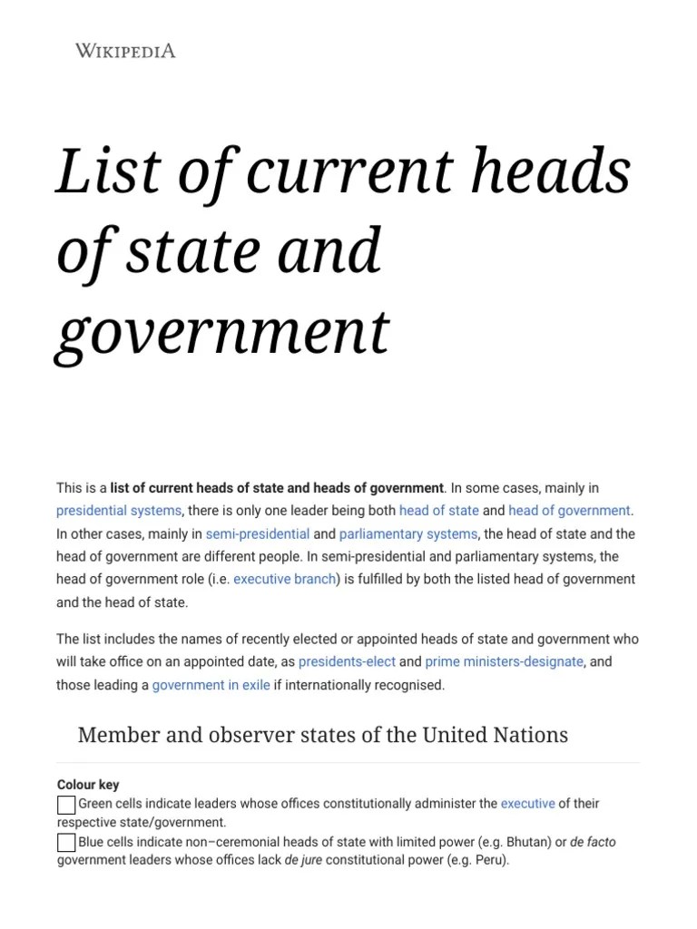 List of Current Heads of State and Government Wikipedia PDF Heads