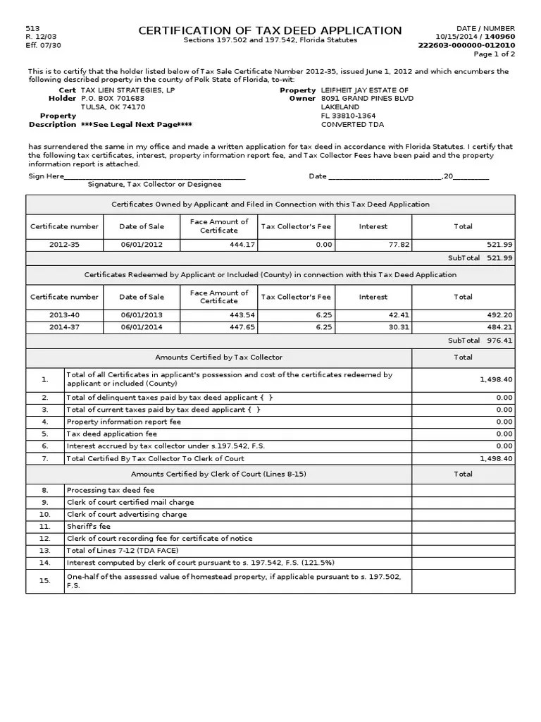 Certification of Tax Deed Application PDF Real Estate Law And