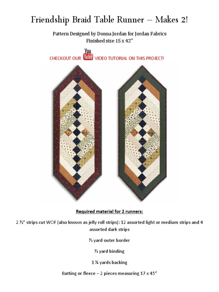 Friendship Braid Table Runner Pattern PDF Patchwork Seam (Sewing)