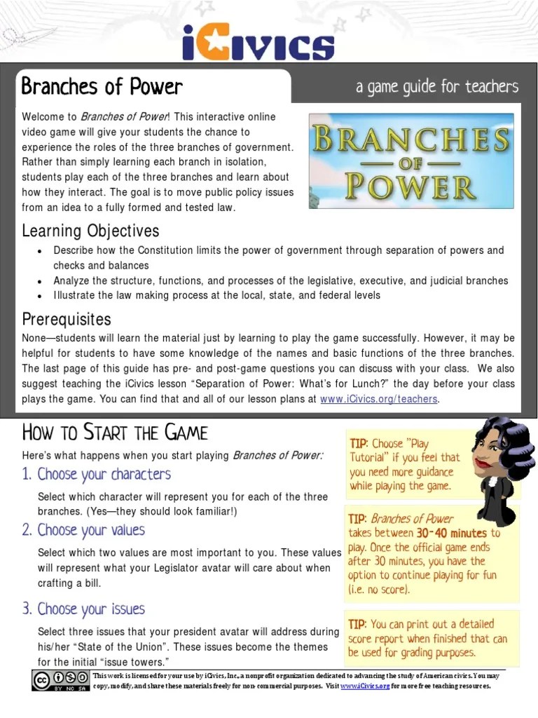 Teacher's Guide To Using Branches of Power in - ICivics | PDF | Bill