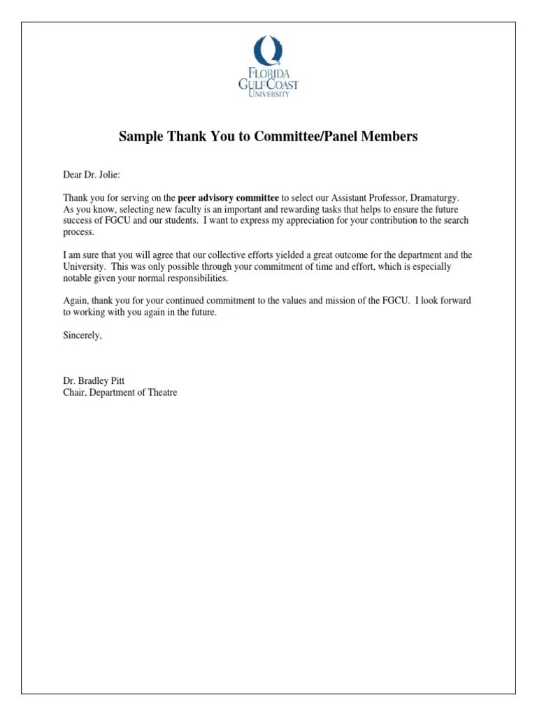 Sample Thank You Letter To Committee Panel Members PDF