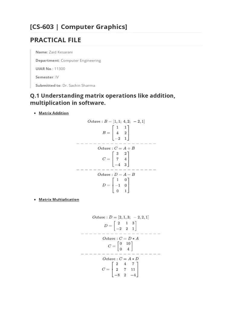 (CS603 Computer Graphics) Practical File PDF Length Computing