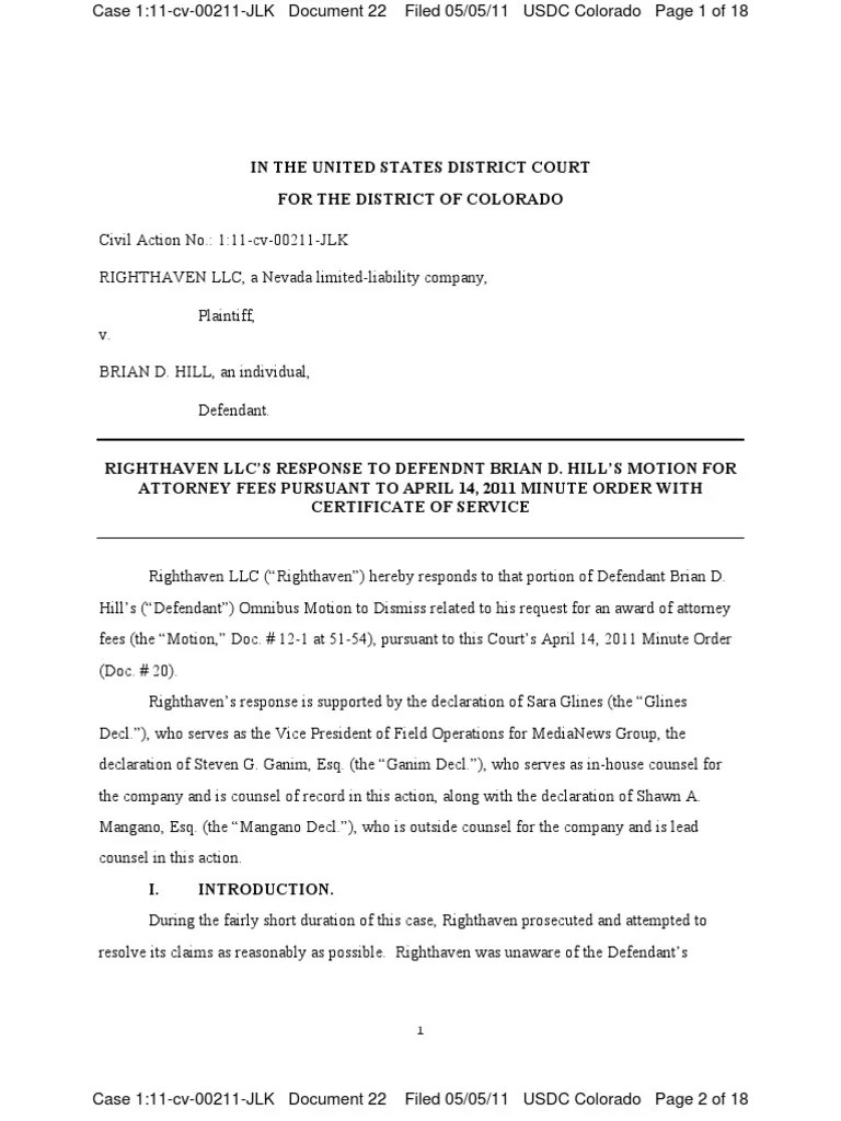 Righthaven�s Motion To Dismiss Defendants Request For Attorney�s Fees