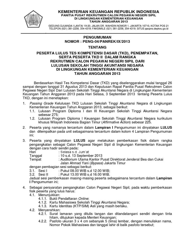Pengumuman lulus kemenkru 2013 | PDF
