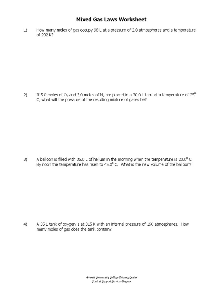Mixed Gas Laws Worksheet With Answer PDF Gases Atmosphere Of Earth