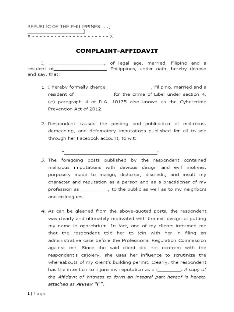Affidavit ComplaintCyberlibel Sample PDF Defamation Affidavit