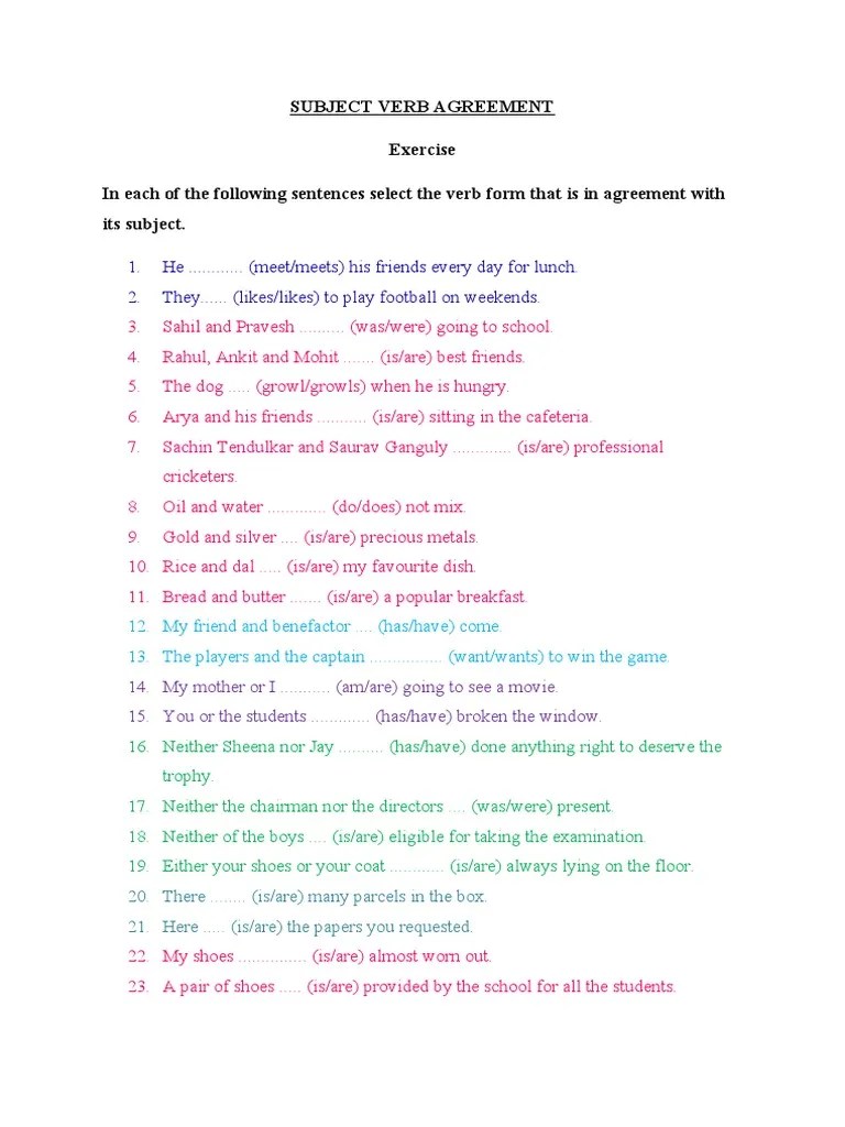 Subject Verb Agreement Exercise in Each of The Following Sentences