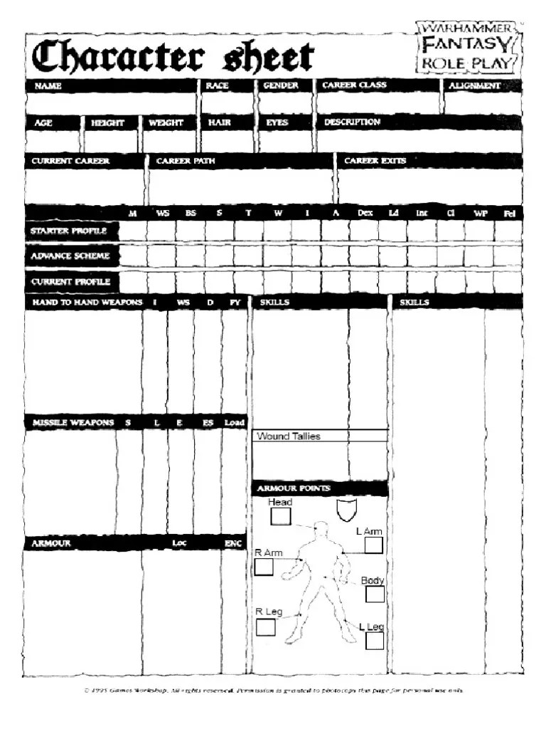 Character Sheet WFRP 1E