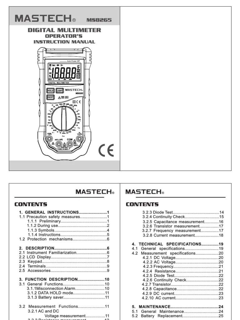 MS8265 Digital Multimeter Operator's Instruction Manual PDF Capacitor Electrical Network