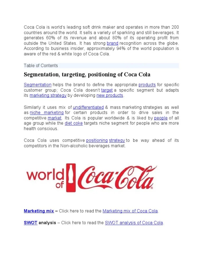 Segmentation, Targeting, Positioning of Coca Cola Brand PDF Brand