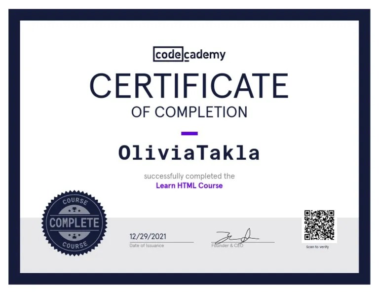 HTML Codecademy Course Certificate PDF