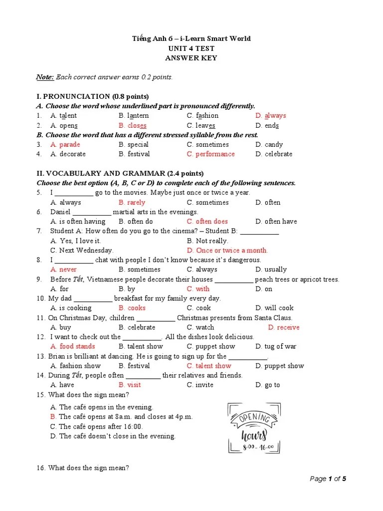Tieng Anh 6 Smart World Unit 4 Test Answer Key PDF