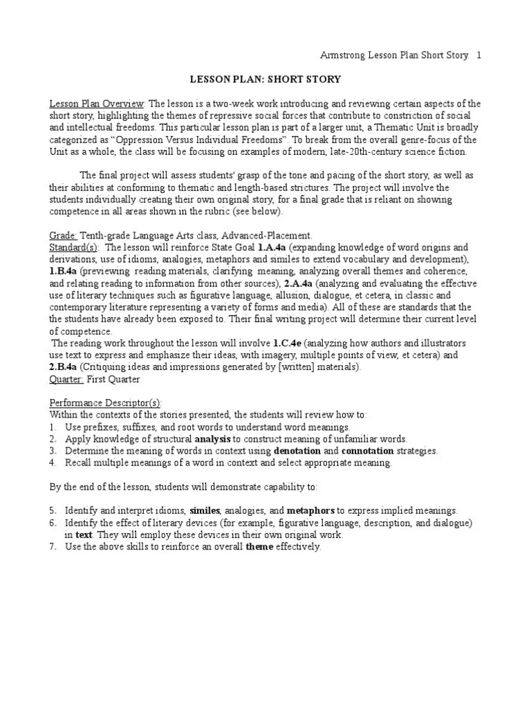 Lesson Plan Short Story Homework Syntax