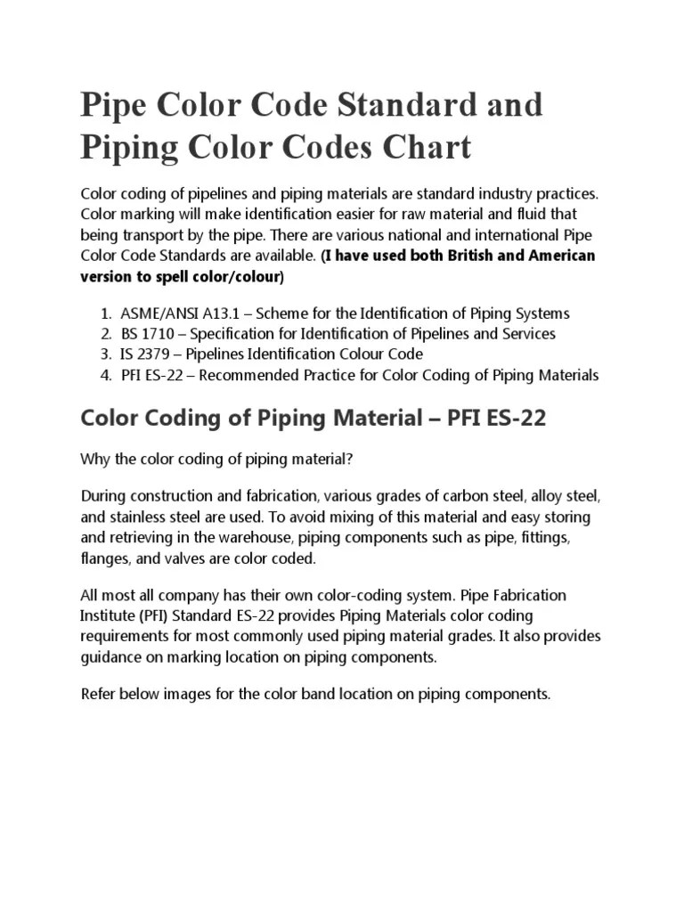 Pipe Color Code Standard and Piping Color Codes Chart Summary PDF Pipe (Fluid Conveyance