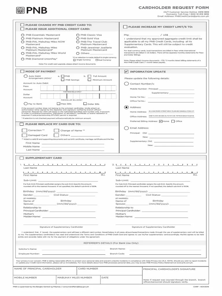 Cardholder Request Form Download Free PDF Credit Card Debit Card