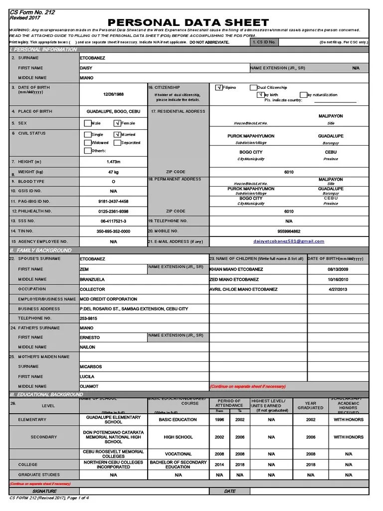 Daisy PERSONAL DATA SHEET FOR PSA PDF Government Policy