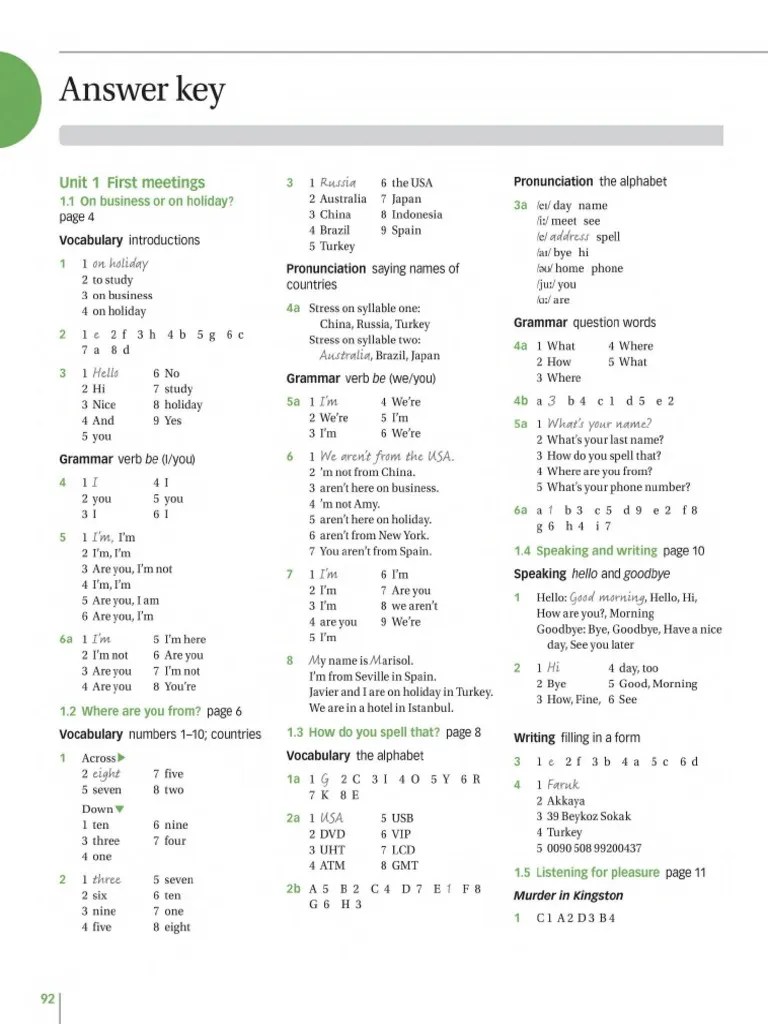 Navigate Beginner A1 Workbook Units 1 & 5 Answer Key | PDF