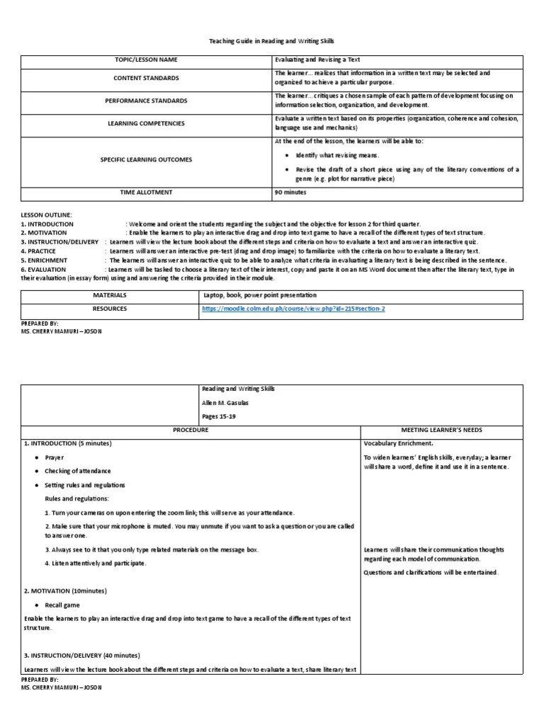 Teaching Guide For Reading and Writing Skills Lesson 2 PDF Learning