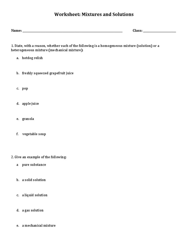 Worksheet: Mixtures and Solutions: Class | PDF | Mixture | Solution