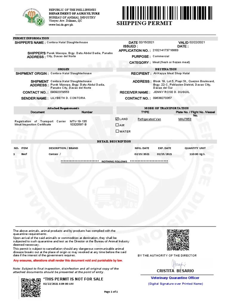 Shipping Permit Valid Date Date Issued Shipper'S Name Shipper'S